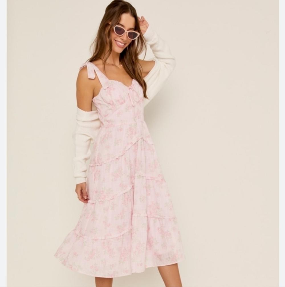 Francesca's Preppy Ellena Tie Strap Ruffle Tiered Midi Milkmaid Dress in Pink M